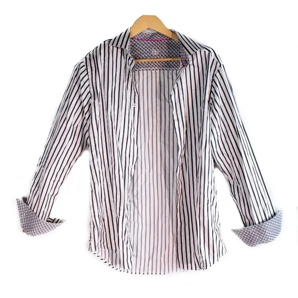 Bugatchi Black White Striped Dress Shirt 15.5 - Picture 1 of 3